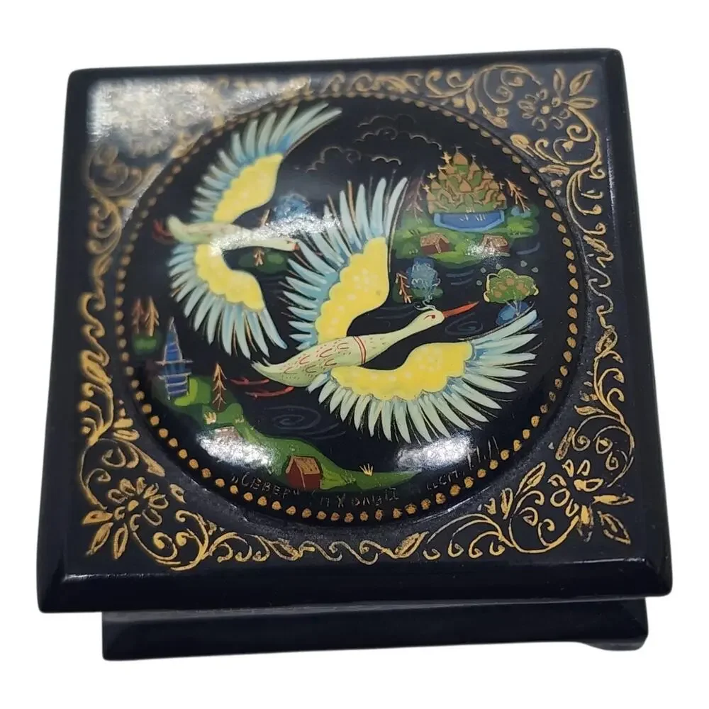 Vintage Russian Black Lacquer Trinket Box Birds Hand Painted Cranes Gold Leaf